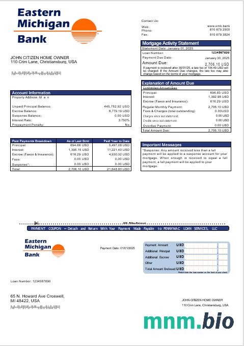 USA Eastern Michigan Bank wyciąg z kredytu hipotecznego w formatach Word i PDF